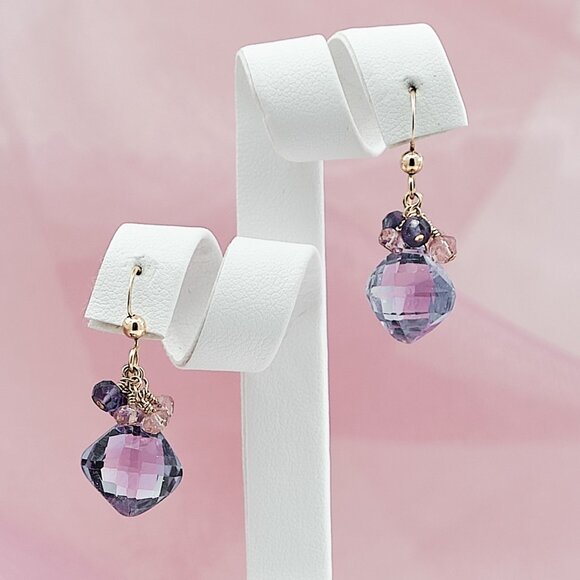 Amethyst Earrings with Amethyst Pink Topaz Cluster, 14K Gold Filled Earrings - Picture 1 of 10